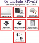 KIT 4C-HIK-V2 Hikvision InfraRosu_30m 2_MegaPixeli Audio